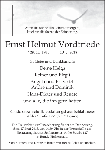 Traueranzeige von Ernst Helmut Vordtriede von Neue Westfälische