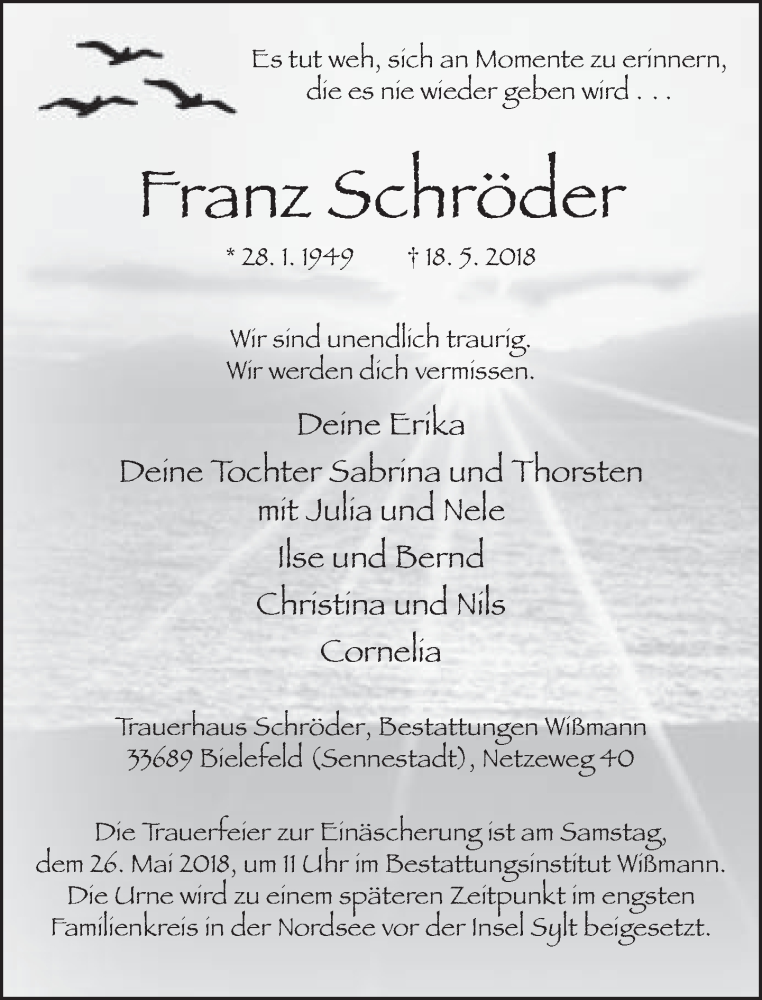  Traueranzeige für Franz Schröder vom 23.05.2018 aus Neue Westfälische