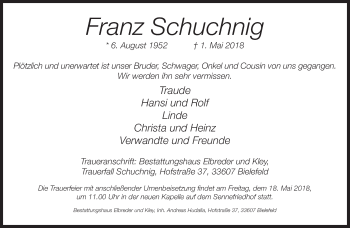 Traueranzeige von Franz Schuchnig von Neue Westfälische