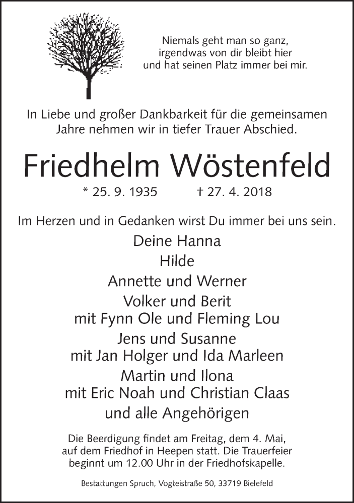  Traueranzeige für Friedhelm Wöstenfeld vom 01.05.2018 aus Neue Westfälische