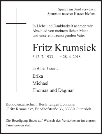 Traueranzeige von Fritz Krumsiek von Neue Westfälische