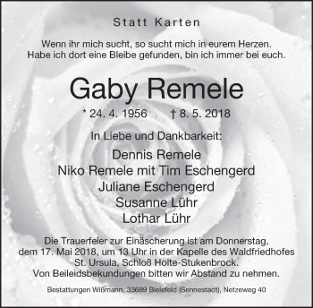 Traueranzeige von Gaby Remele von Neue Westfälische