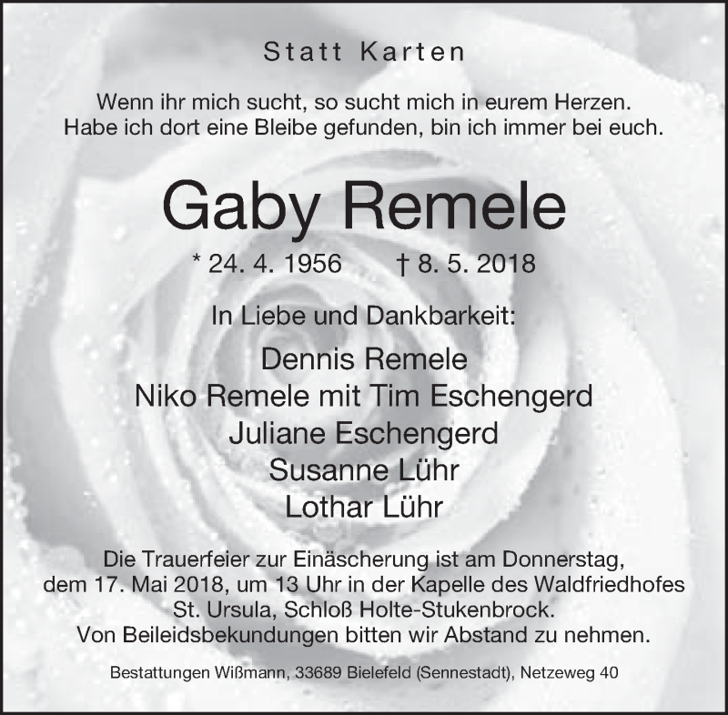  Traueranzeige für Gaby Remele vom 12.05.2018 aus Neue Westfälische