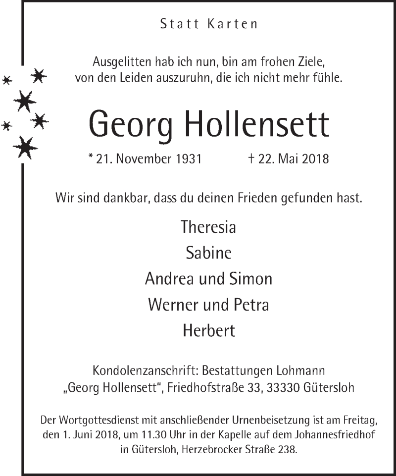 Traueranzeige für Georg Hollensett vom 26.05.2018 aus Neue Westfälische