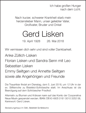 Traueranzeige von Gerd Lisken von Neue Westfälische