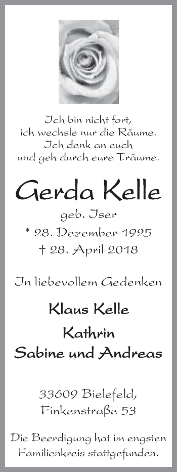 Traueranzeige von Gerda Kelle von Neue Westfälische