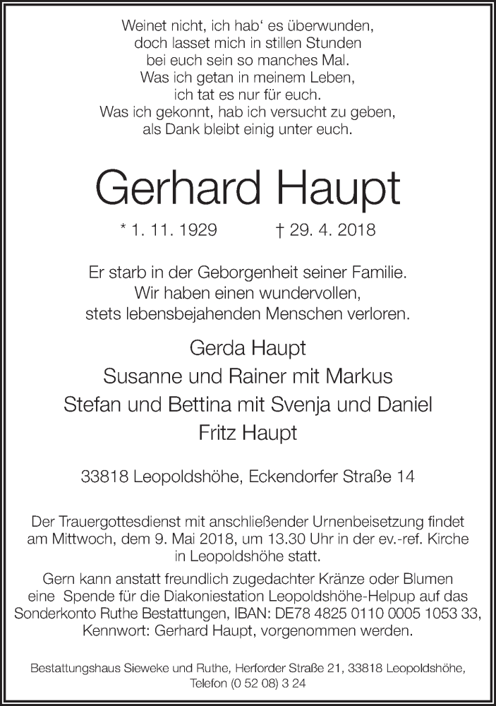  Traueranzeige für Gerhard Haupt vom 05.05.2018 aus Neue Westfälische