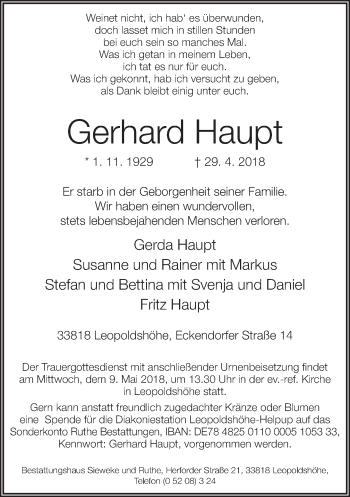 Traueranzeige von Gerhard Haupt von Neue Westfälische