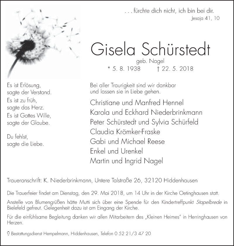 Traueranzeige für Gisela Schürstedt vom 26.05.2018 aus Neue Westfälische