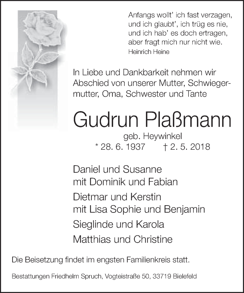  Traueranzeige für Gudrun Plaßmann vom 05.05.2018 aus Neue Westfälische