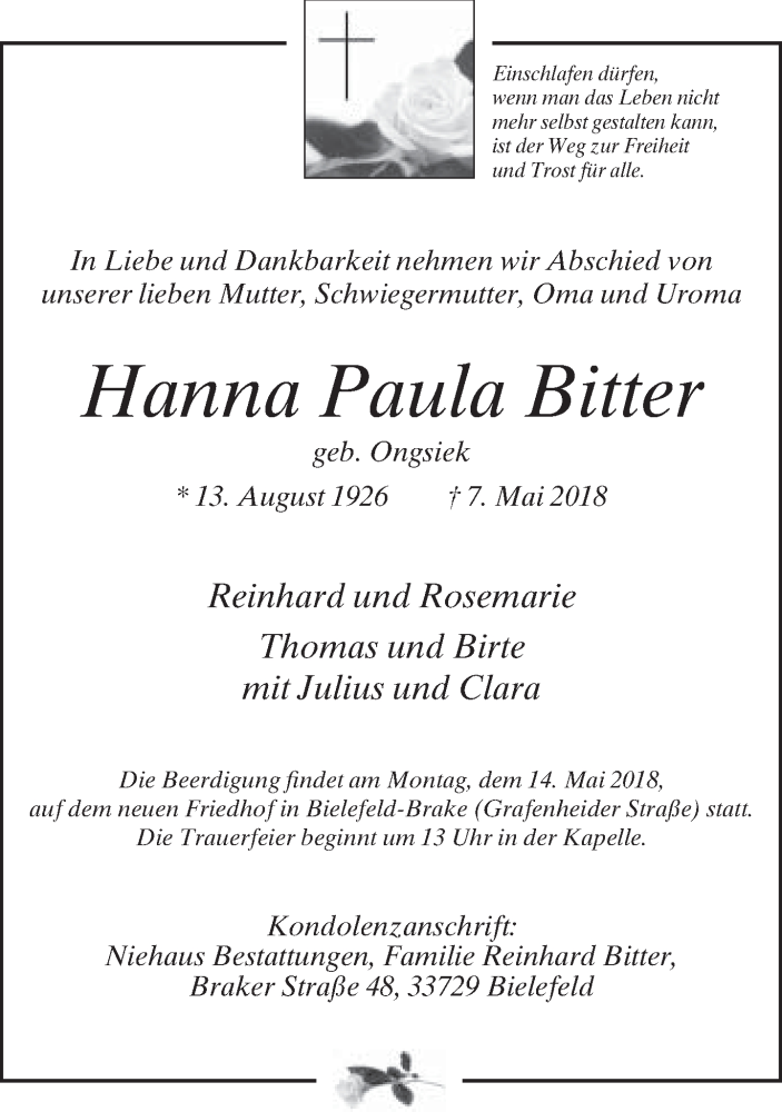  Traueranzeige für Hanna Paula Bitter vom 10.05.2018 aus Neue Westfälische