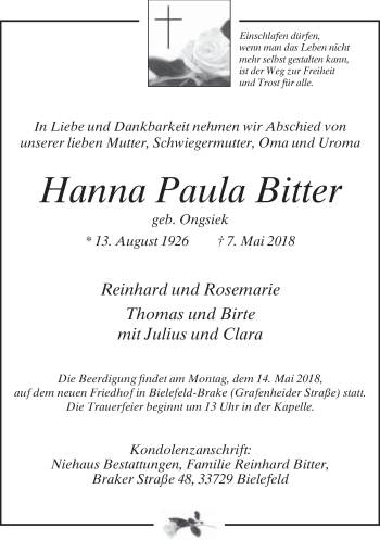 Traueranzeige von Hanna Paula Bitter von Neue Westfälische