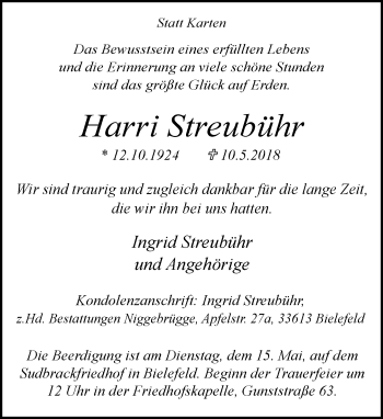 Traueranzeige von Harri Streubühr von Neue Westfälische