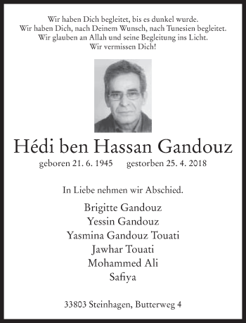 Traueranzeige von Hassan Gandouz von Neue Westfälische