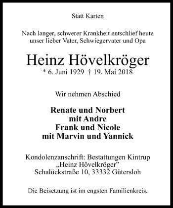 Traueranzeige von Heinz Hövelkröger von Neue Westfälische