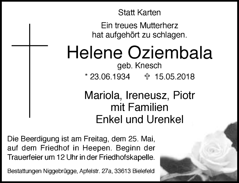  Traueranzeige für Helene Oziembala vom 19.05.2018 aus Neue Westfälische