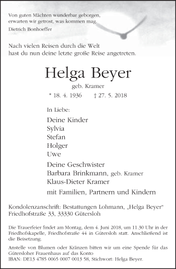 Traueranzeige von Helga Beyer von Neue Westfälische