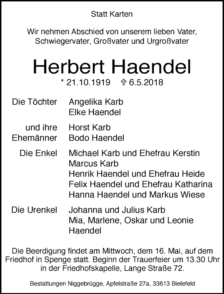  Traueranzeige für Herbert Haendel vom 12.05.2018 aus Neue Westfälische