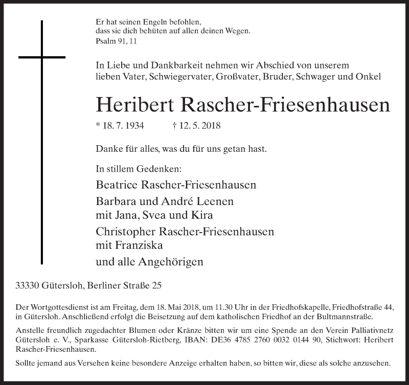  Traueranzeige für Heribert Rascher-Friesenhausen vom 15.05.2018 aus Neue Westfälische