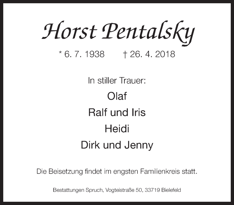  Traueranzeige für Horst Pentalsky vom 05.05.2018 aus Neue Westfälische