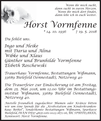 Traueranzeige von Horst Vormfenne von Neue Westfälische