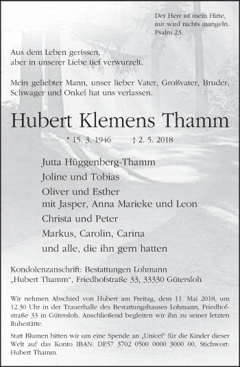 Traueranzeige von Hubert Klemens Thamm von Neue Westfälische