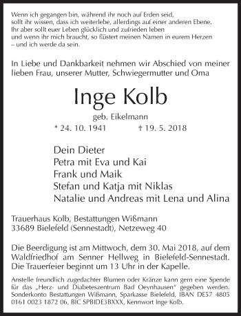 Traueranzeige von Inge Kolb von Neue Westfälische