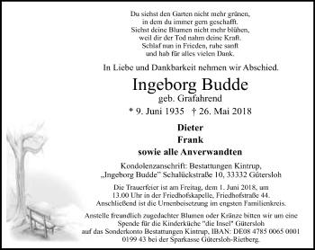 Traueranzeige von Ingeborg Budde von Neue Westfälische