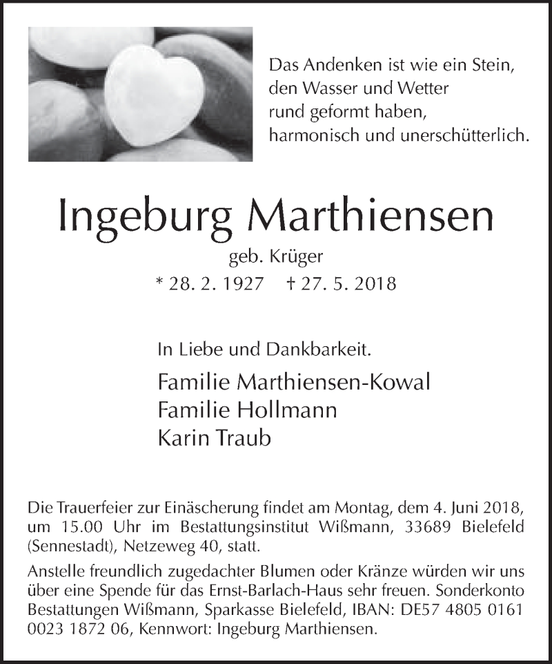  Traueranzeige für Ingeburg Marthiensen vom 30.05.2018 aus Neue Westfälische
