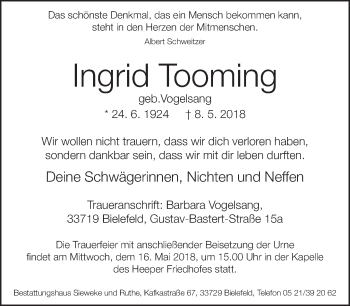 Traueranzeige von Ingrid Tooming von Neue Westfälische