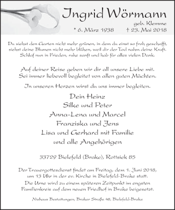 Traueranzeige von Ingrid Wörmann von Neue Westfälische