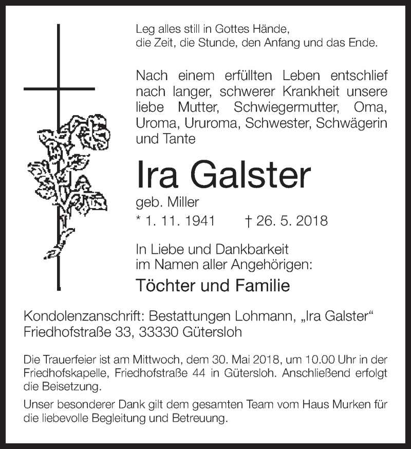  Traueranzeige für Ira Galster vom 28.05.2018 aus Neue Westfälische