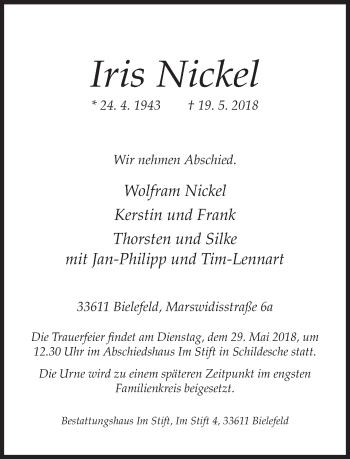 Traueranzeige von Iris Nickel von Neue Westfälische