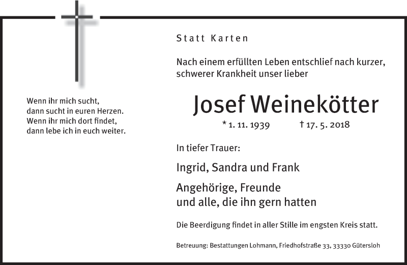  Traueranzeige für Josef Weinekötter vom 23.05.2018 aus Neue Westfälische