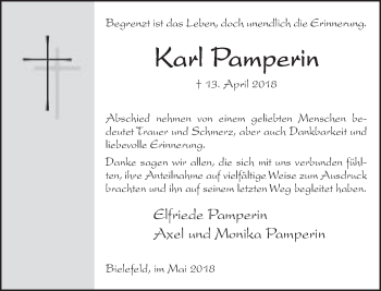 Traueranzeige von Karl Pamperin von Neue Westfälische