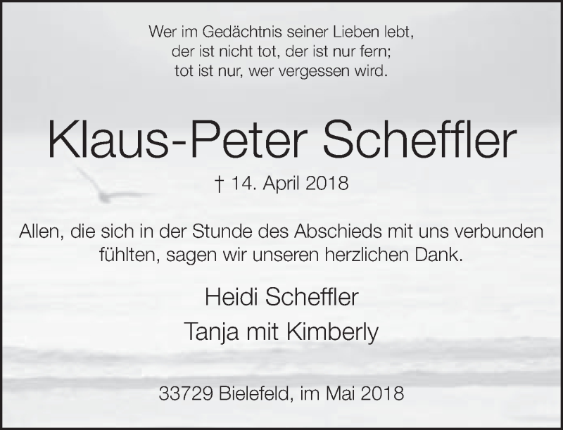  Traueranzeige für Klaus-Peter Scheffler vom 26.05.2018 aus Neue Westfälische