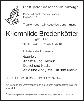 Traueranzeige von Kriemhilde Bredenkötter von Neue Westfälische