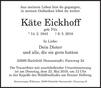 Traueranzeige von Käte Eickhoff von Neue Westfälische