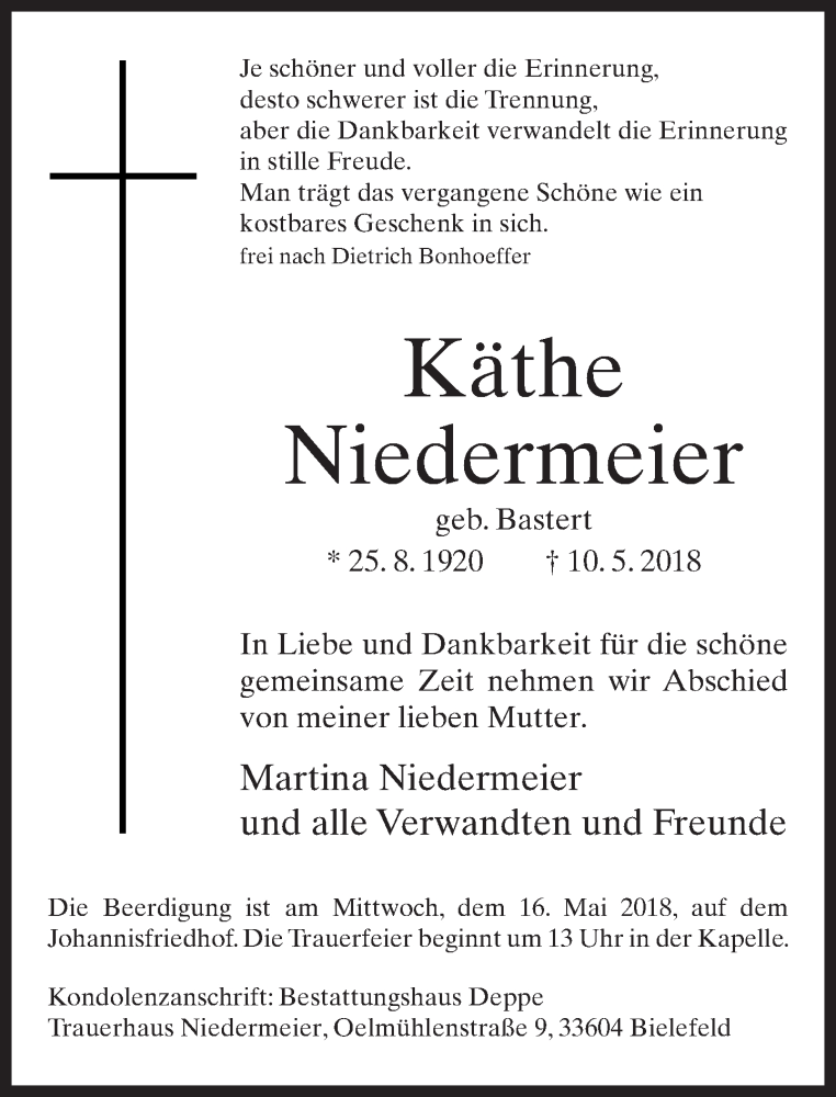  Traueranzeige für Käthe Niedermeier vom 14.05.2018 aus Neue Westfälische