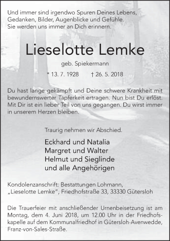 Traueranzeige von Lieselotte Lemke von Neue Westfälische
