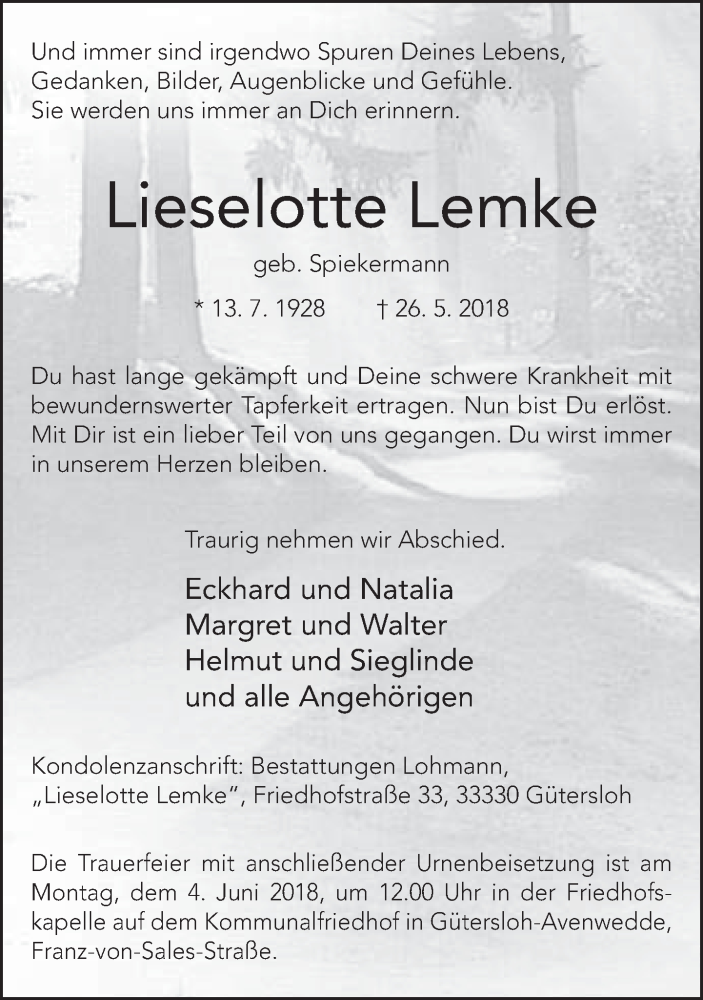  Traueranzeige für Lieselotte Lemke vom 31.05.2018 aus Neue Westfälische