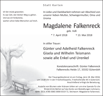 Traueranzeige von Magdalene Falkenreck von Neue Westfälische