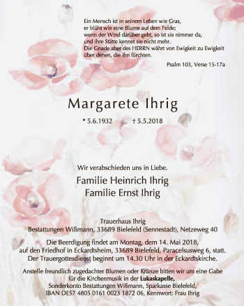 Traueranzeige von Margarete Ihrig von Neue Westfälische