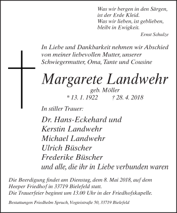 Traueranzeige von Margarete Landwehr von Neue Westfälische