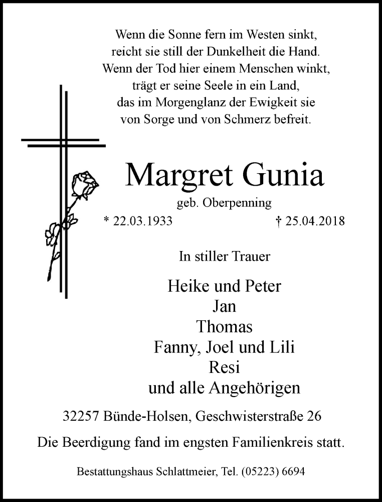  Traueranzeige für Margret Gunia vom 10.05.2018 aus Neue Westfälische