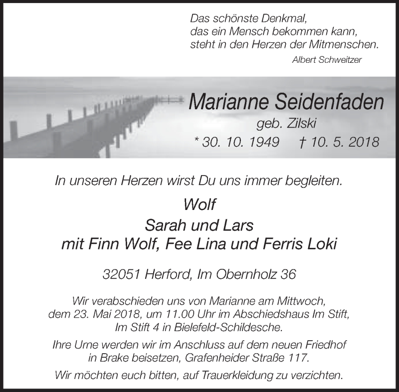  Traueranzeige für Marianne Seidenfaden vom 19.05.2018 aus Neue Westfälische