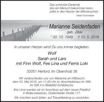 Traueranzeige von Marianne Seidenfaden von Neue Westfälische