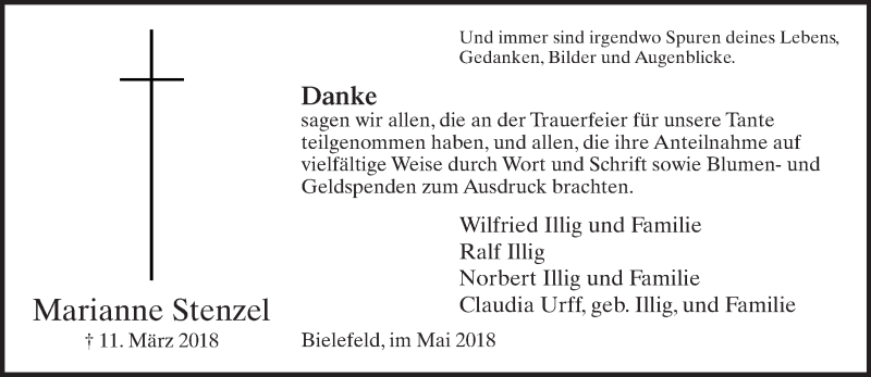  Traueranzeige für Marianne Stenzel vom 19.05.2018 aus Neue Westfälische