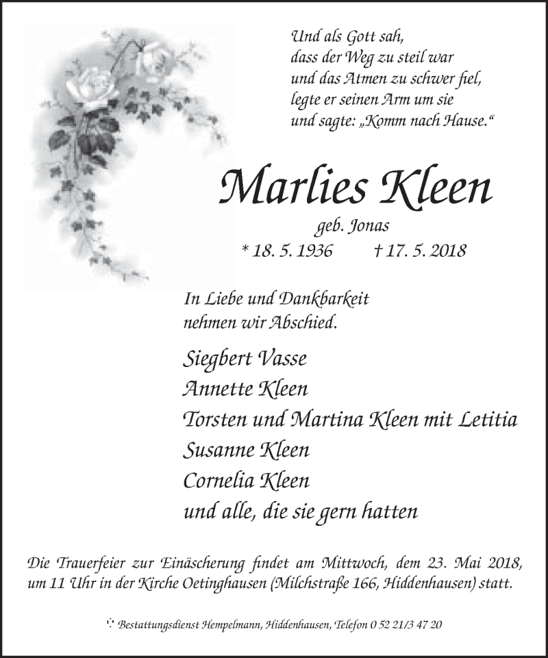  Traueranzeige für Marlies Kleen vom 19.05.2018 aus Neue Westfälische