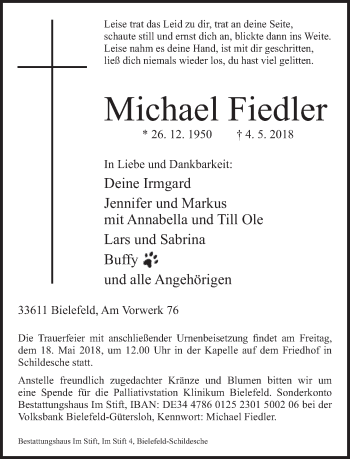 Traueranzeige von Michael Fiedler von Neue Westfälische